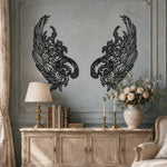 Black metal Mystic Phoenix wings wall art with intricate cutout details displayed on the wall