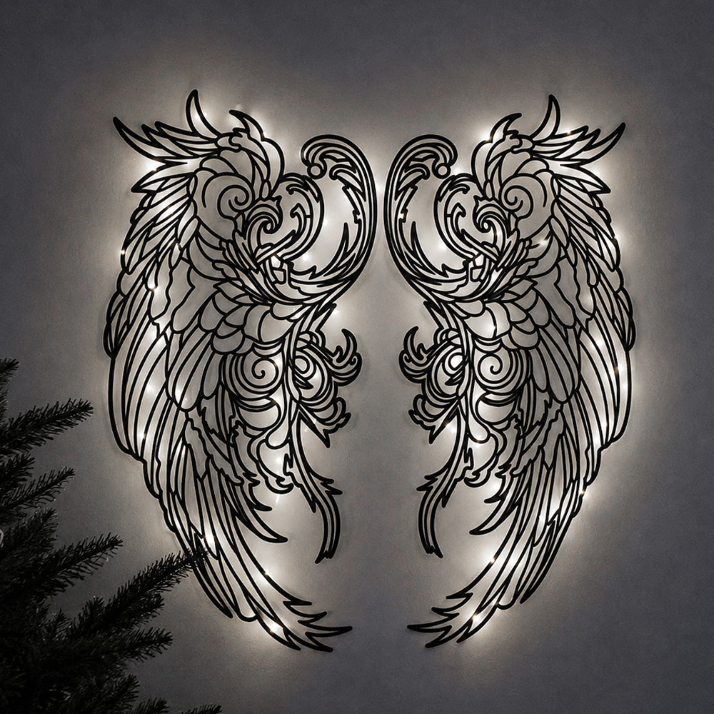 Black metal Mystic Phoenix wings wall art with Soft White LED Lighting displayed on the wall