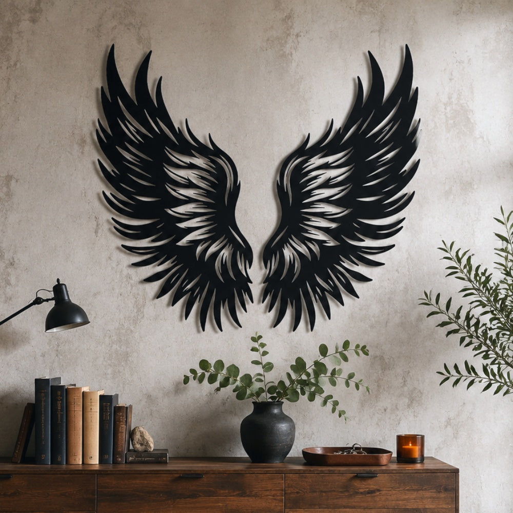 Black Metal Phoenix Wings Wall Art with Intricate Cutout Details