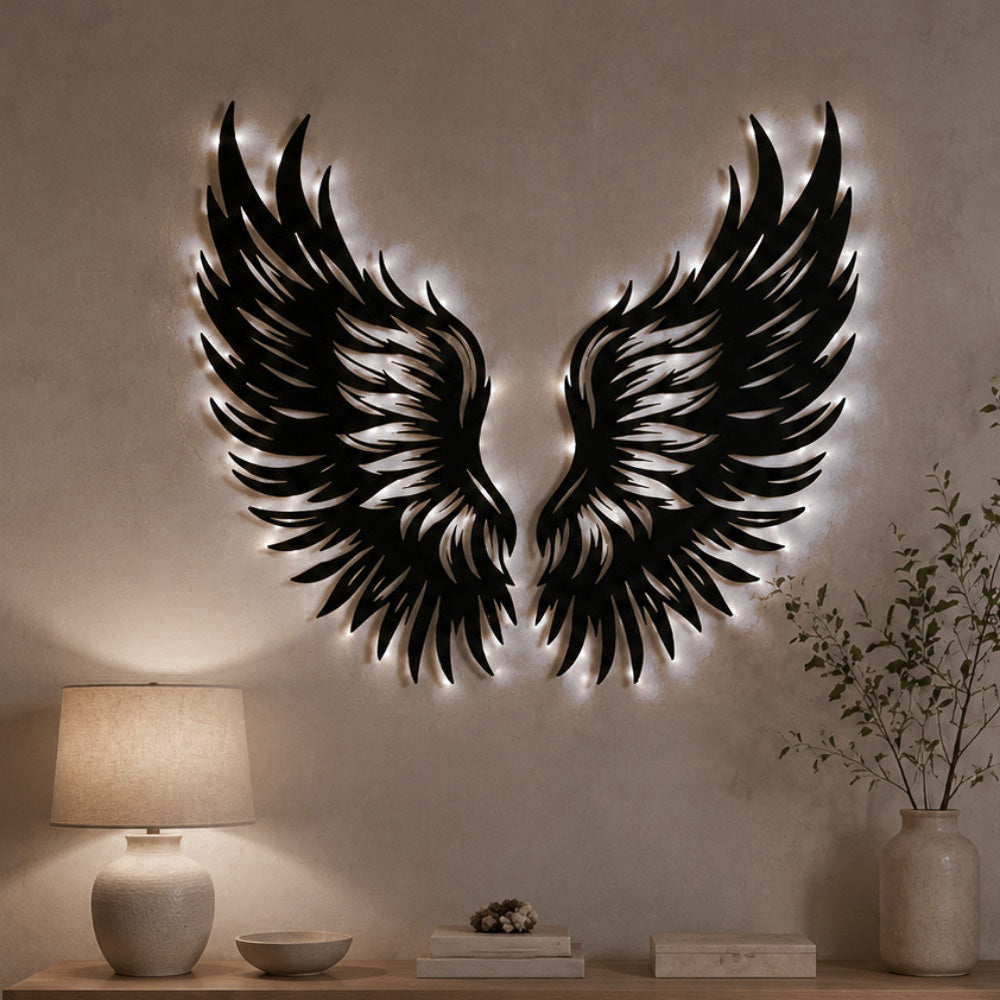 Black Metal Phoenix Wings Wall Art with Soft White LED Lighting