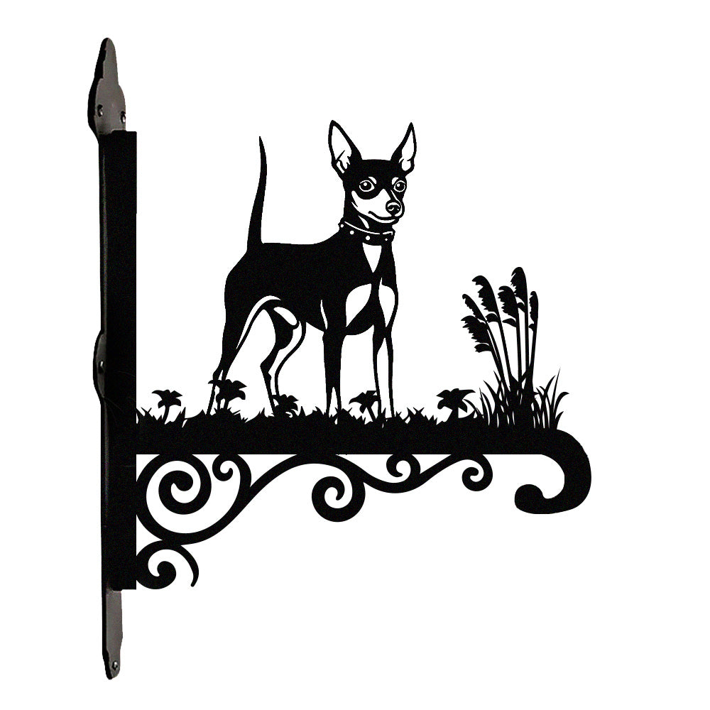 Miniature pinscher metal hanging basket bracket mounted on outdoor wall for plant decoration