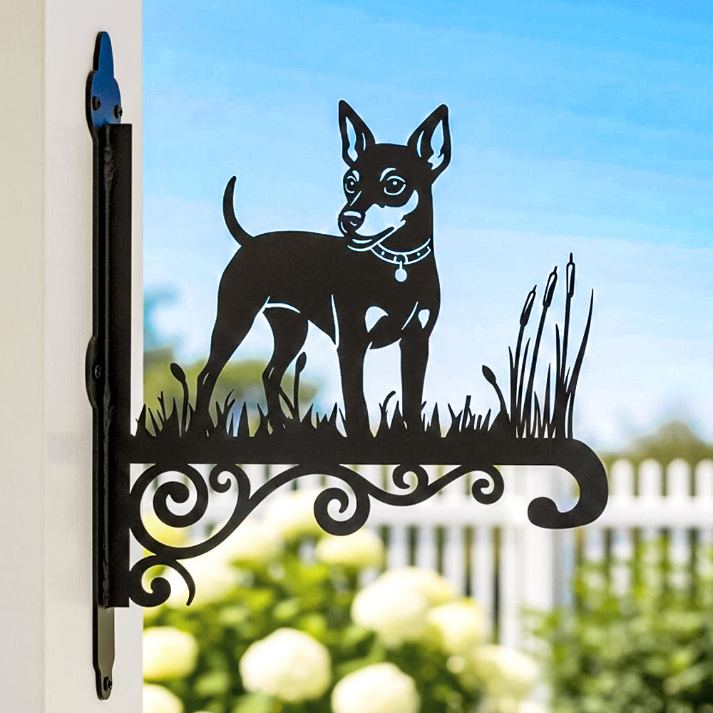 Miniature pinscher metal hanging basket bracket mounted on outdoor wall for plant decoration