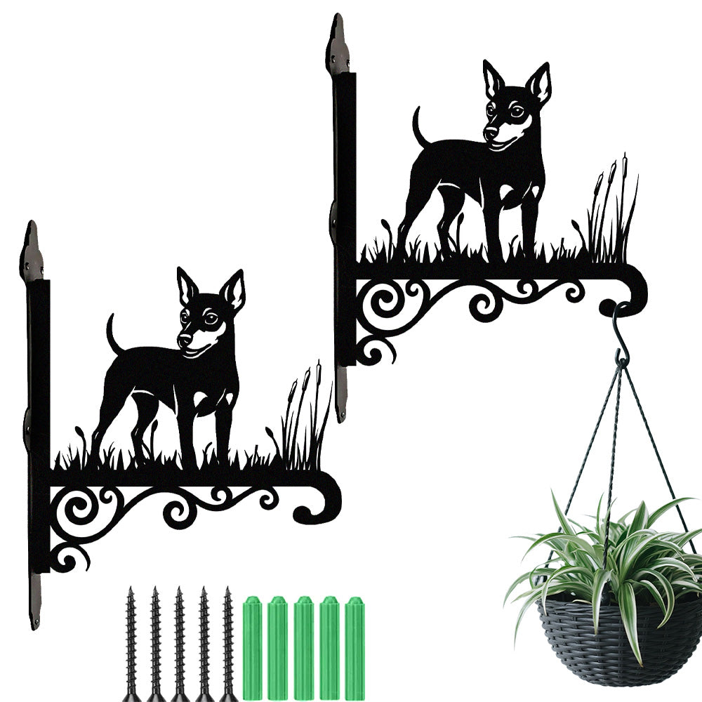 Miniature pinscher metal hanging basket bracket mounted on outdoor wall for plant decoration