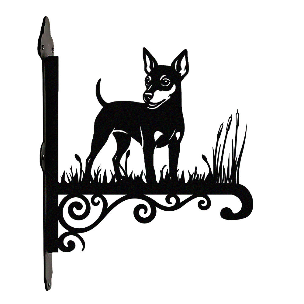 Miniature pinscher metal hanging basket bracket mounted on outdoor wall for plant decoration