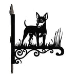 Miniature pinscher metal hanging basket bracket mounted on outdoor wall for plant decoration