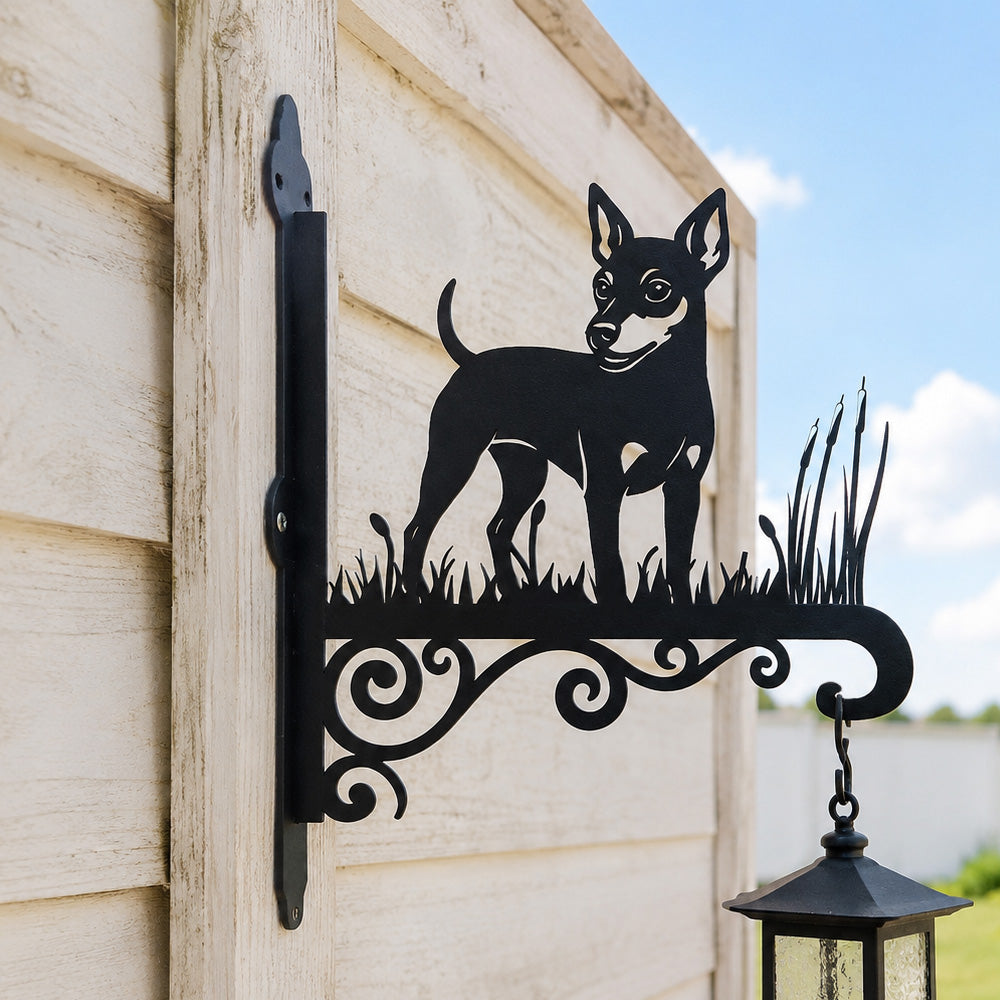 Miniature pinscher metal hanging basket bracket mounted on outdoor wall for plant decoration