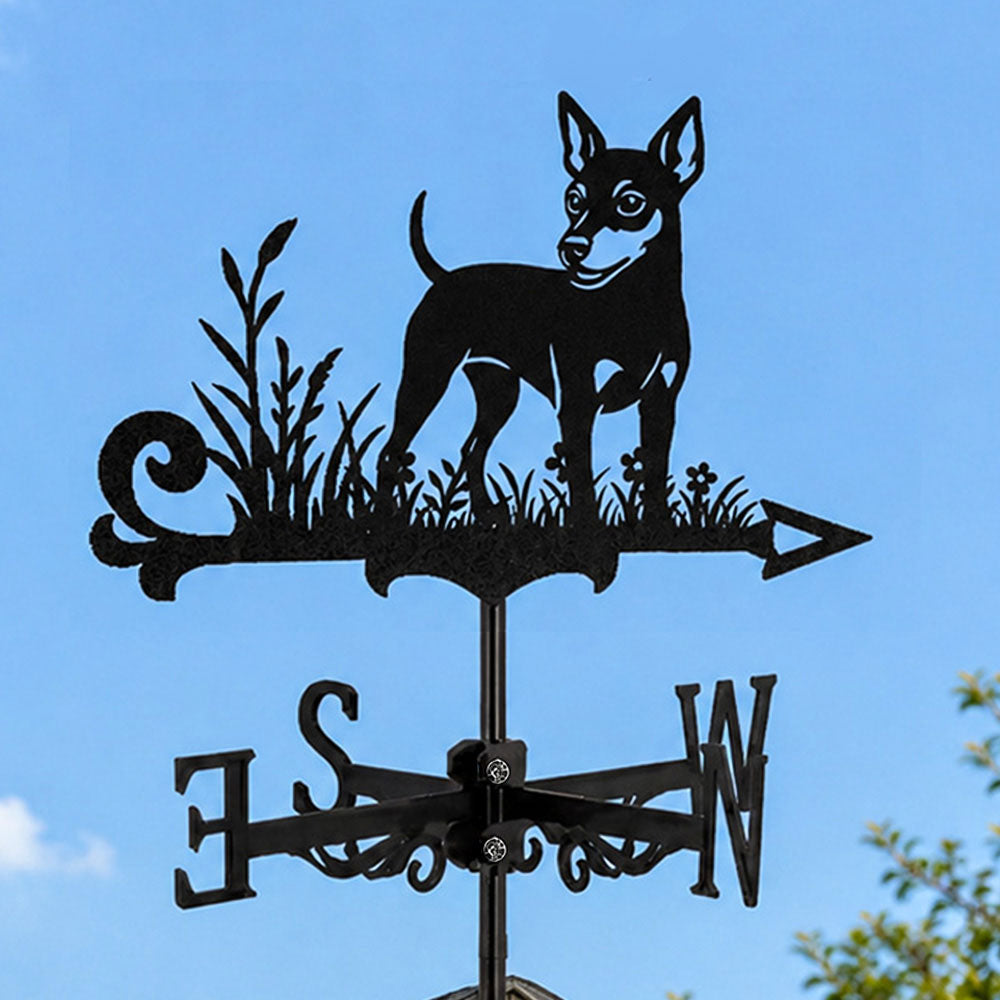 Miniature pinscher metal weather vane with directional arrows and mounting rod, outdoor roof and garden decoration