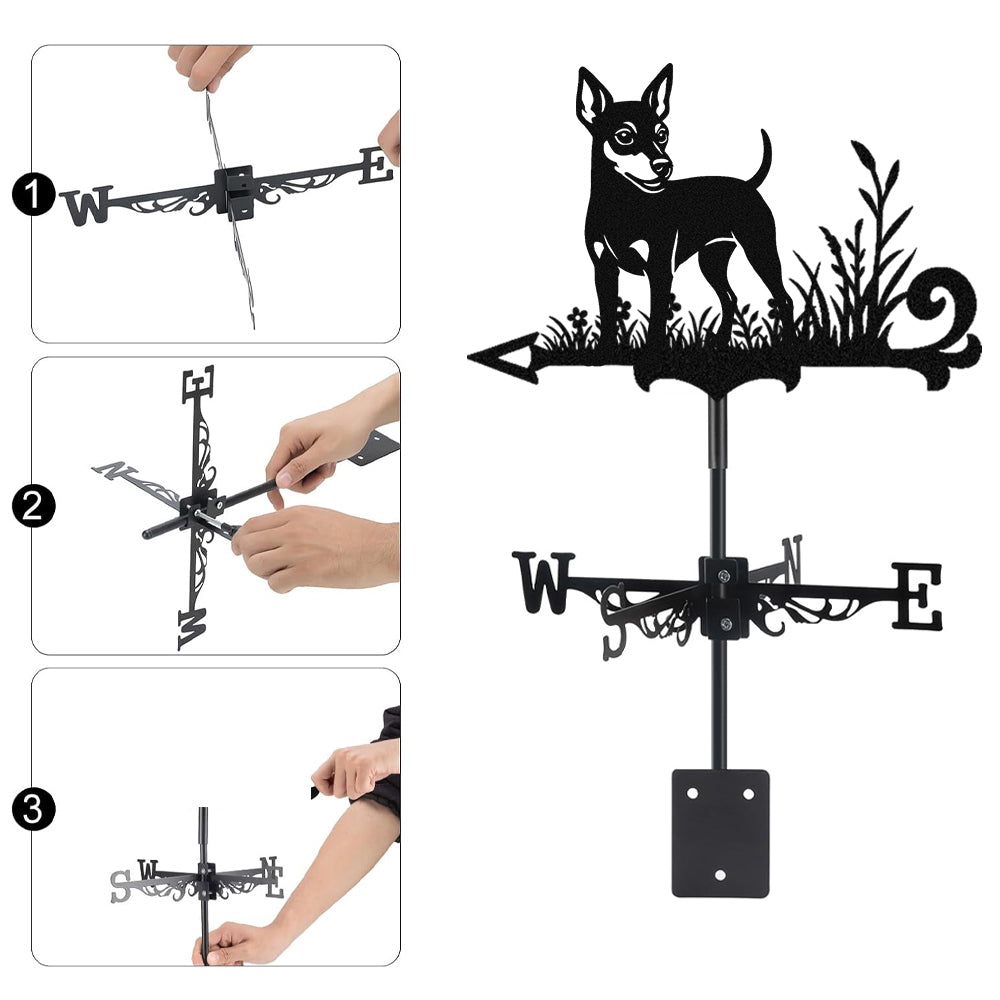 Miniature pinscher metal weather vane with directional arrows and mounting rod, outdoor roof and garden decoration