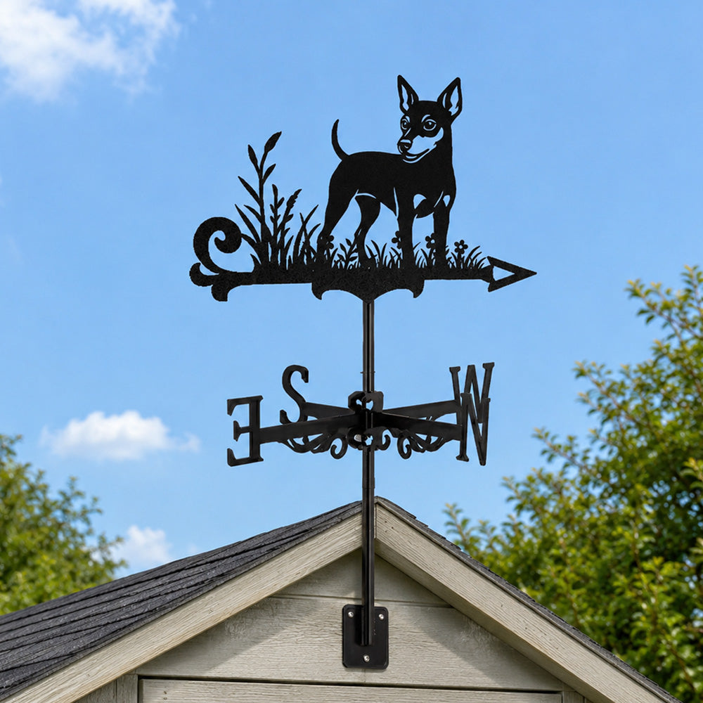 Miniature pinscher metal weather vane with directional arrows and mounting rod, outdoor roof and garden decoration