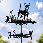 Miniature pinscher metal weather vane with directional arrows and mounting rod, outdoor roof and garden decoration 