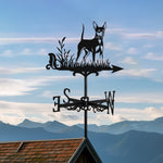 Miniature pinscher metal weather vane with directional arrows and mounting rod, outdoor roof and garden decoration 