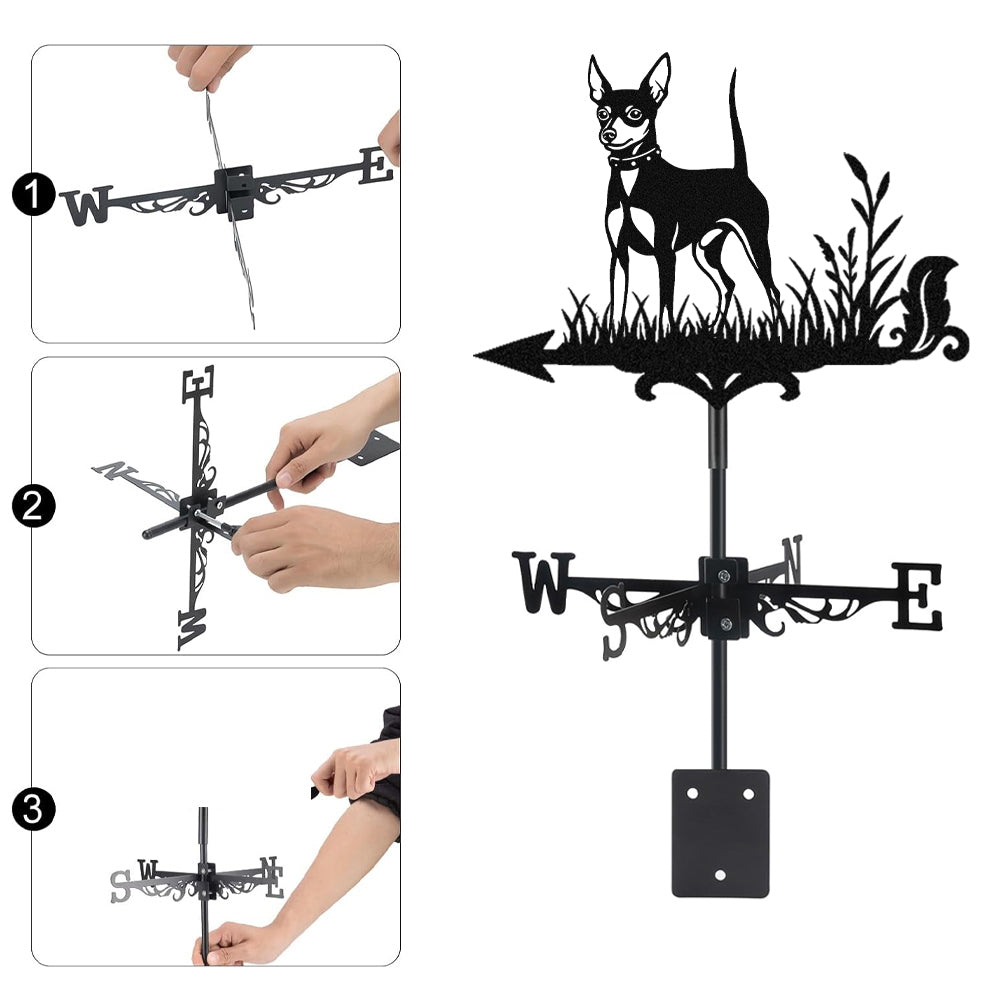 Miniature pinscher metal weather vane with directional arrows and mounting rod, outdoor roof and garden decoration