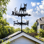 Miniature pinscher metal weather vane with directional arrows and mounting rod, outdoor roof and garden decoration