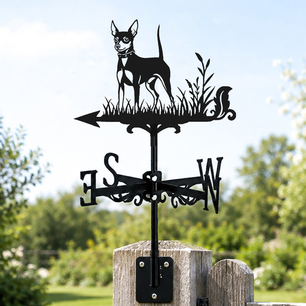 Miniature pinscher metal weather vane with directional arrows and mounting rod, outdoor roof and garden decoration 