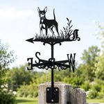 Miniature pinscher metal weather vane with directional arrows and mounting rod, outdoor roof and garden decoration 