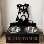 Personalized miniature schnauzer metal dog bowl stand with custom name cutout and two removable feeding bowls