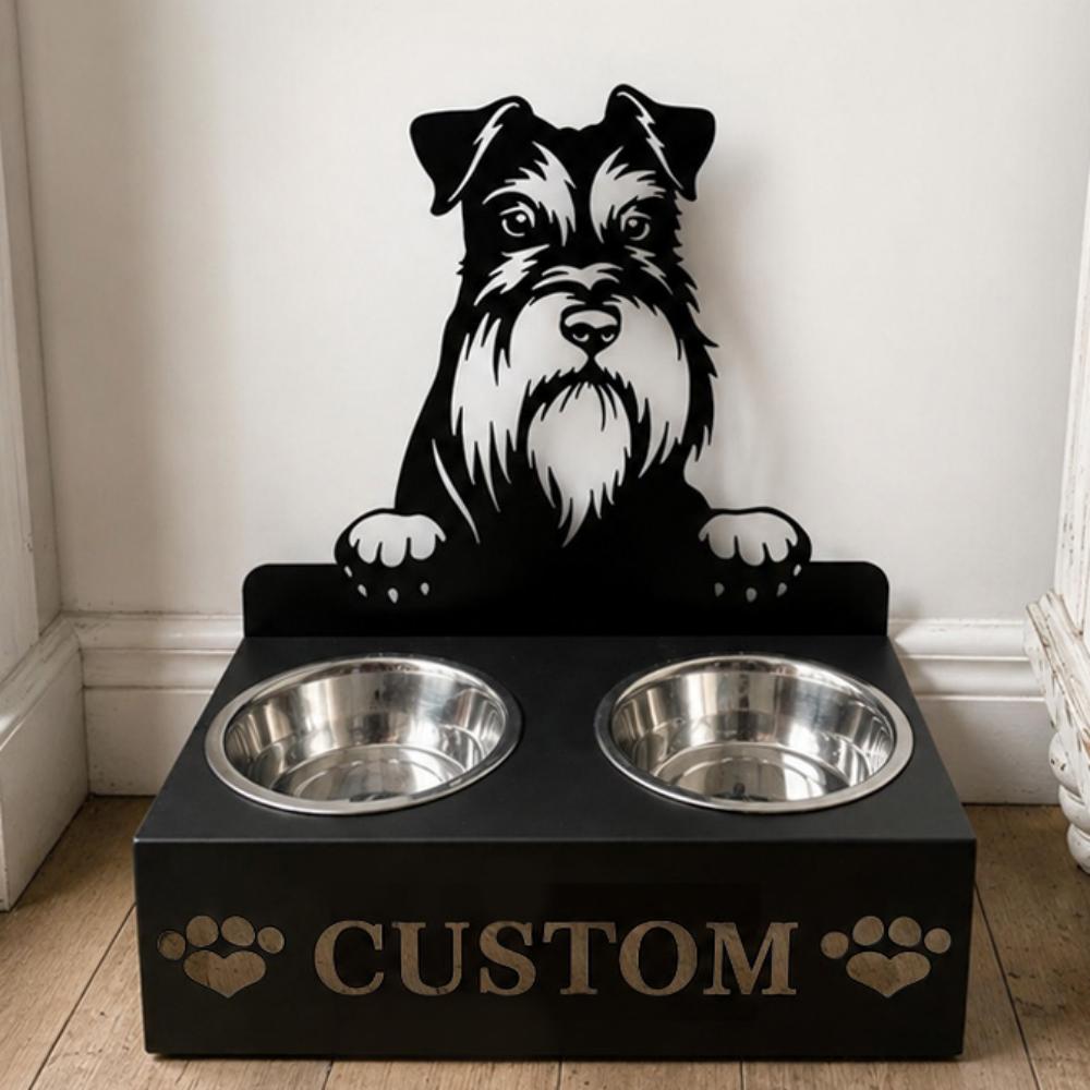 Personalized miniature schnauzer metal dog bowl stand with custom name cutout and two removable feeding bowls