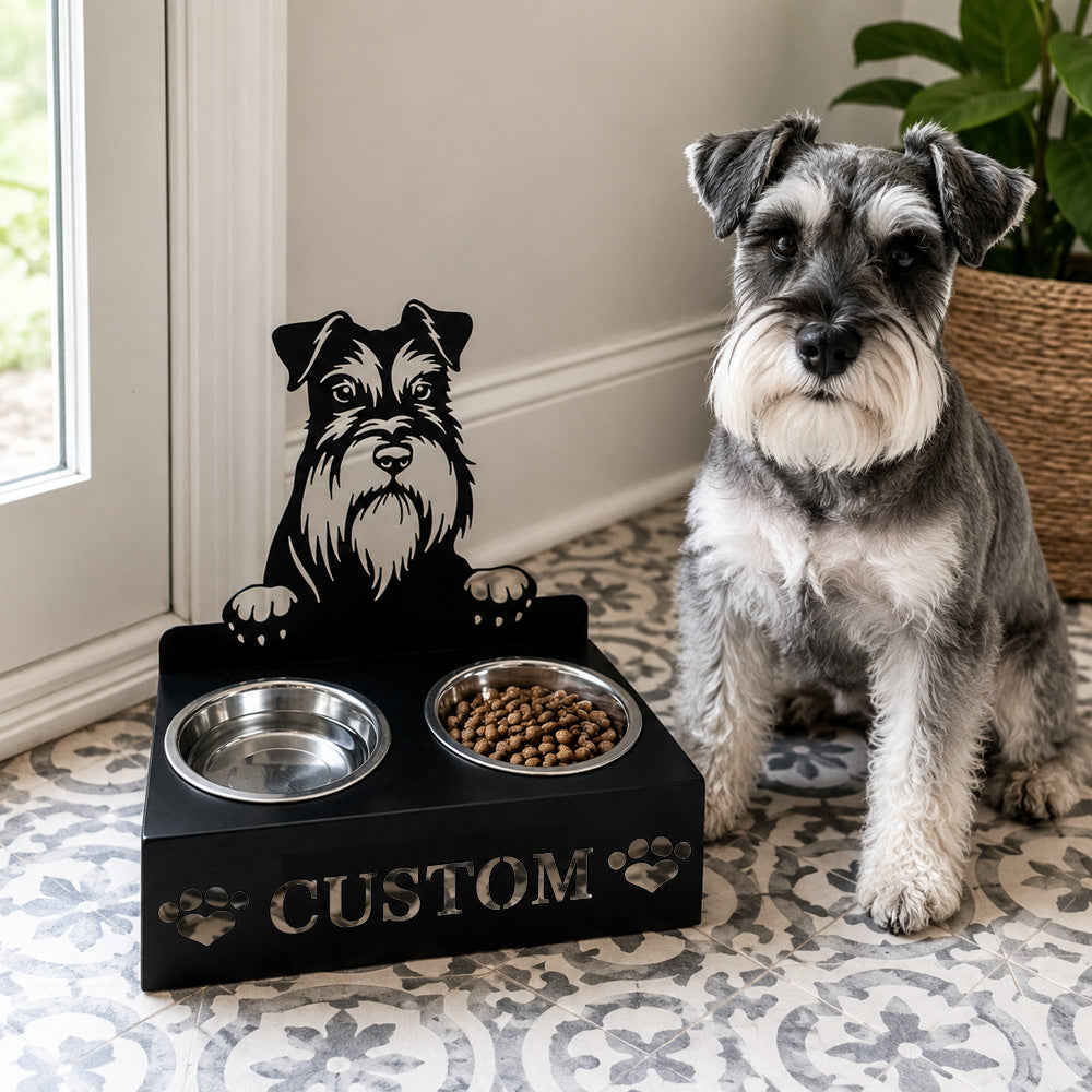Personalized miniature schnauzer metal dog bowl stand with custom name cutout and two removable feeding bowls
