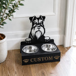 Personalized miniature schnauzer metal dog bowl stand with custom name cutout and two removable feeding bowls