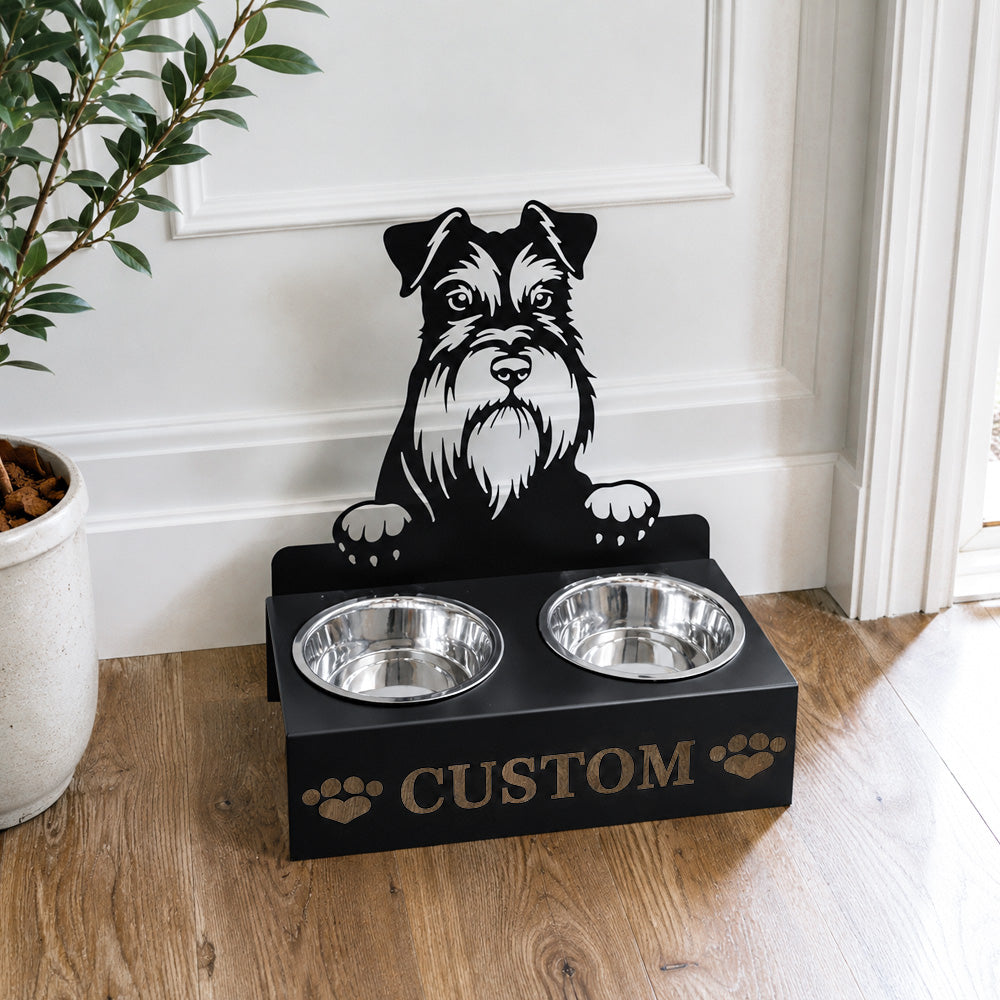 Personalized miniature schnauzer metal dog bowl stand with custom name cutout and two removable feeding bowls
