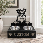 Personalized miniature schnauzer metal dog bowl stand with custom name cutout and two removable feeding bowls