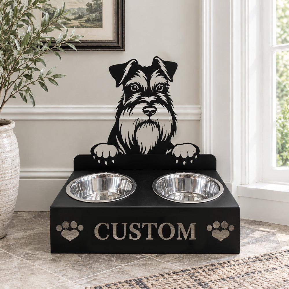 Personalized miniature schnauzer metal dog bowl stand with custom name cutout and two removable feeding bowls
