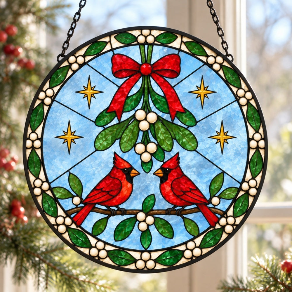 Mistletoe and cardinals stained glass suncatcher window hanging, suitable for home and garden decoration