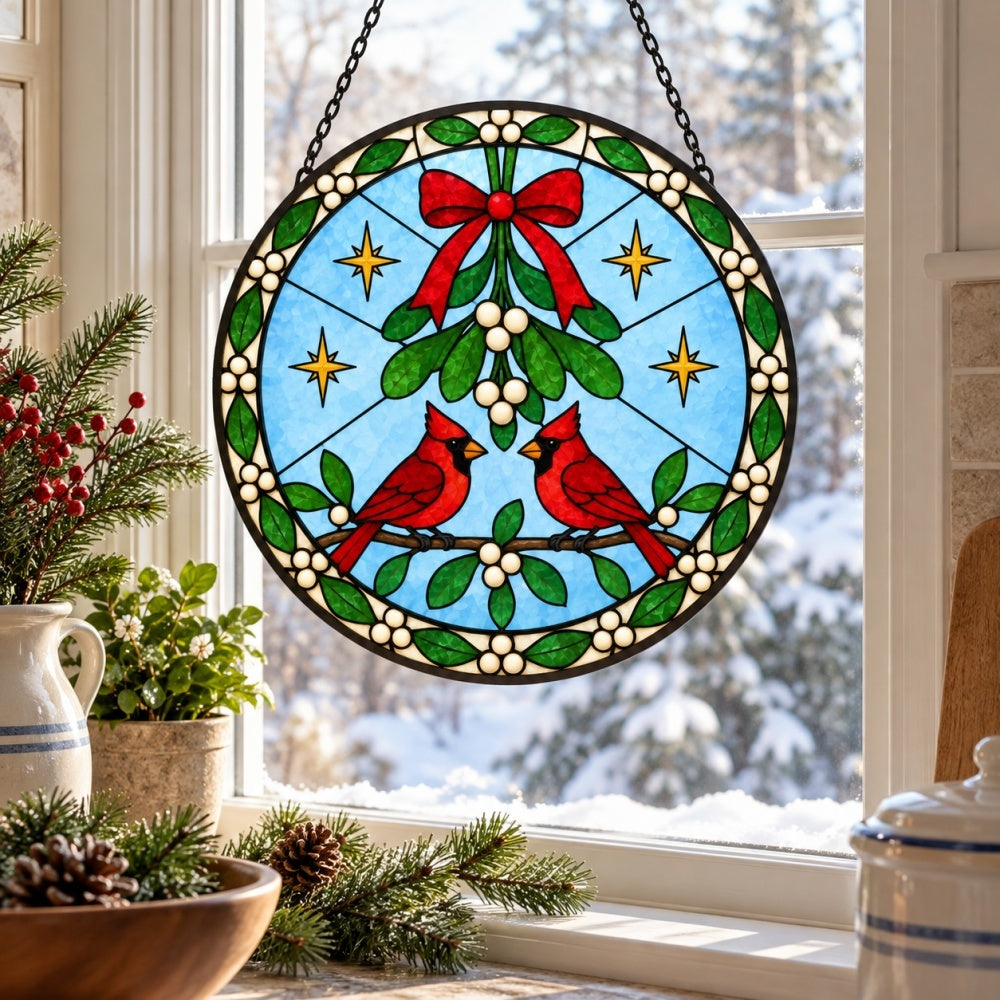 Mistletoe and cardinals stained glass suncatcher window hanging, suitable for home and garden decoration