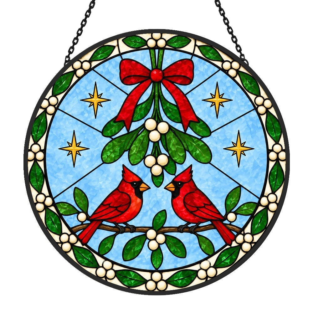 Mistletoe and cardinals stained glass suncatcher window hanging, suitable for home and garden decoration