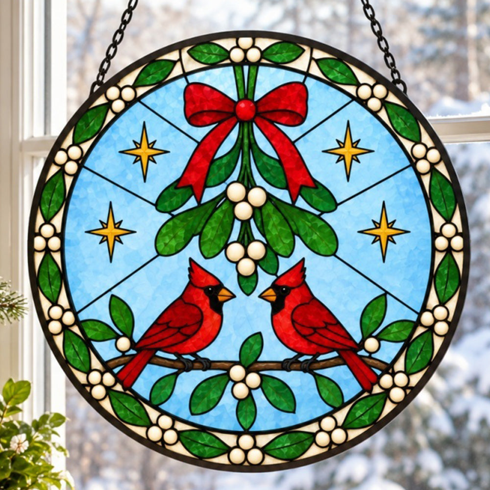 Mistletoe and cardinals stained glass suncatcher window hanging, suitable for home and garden decoration