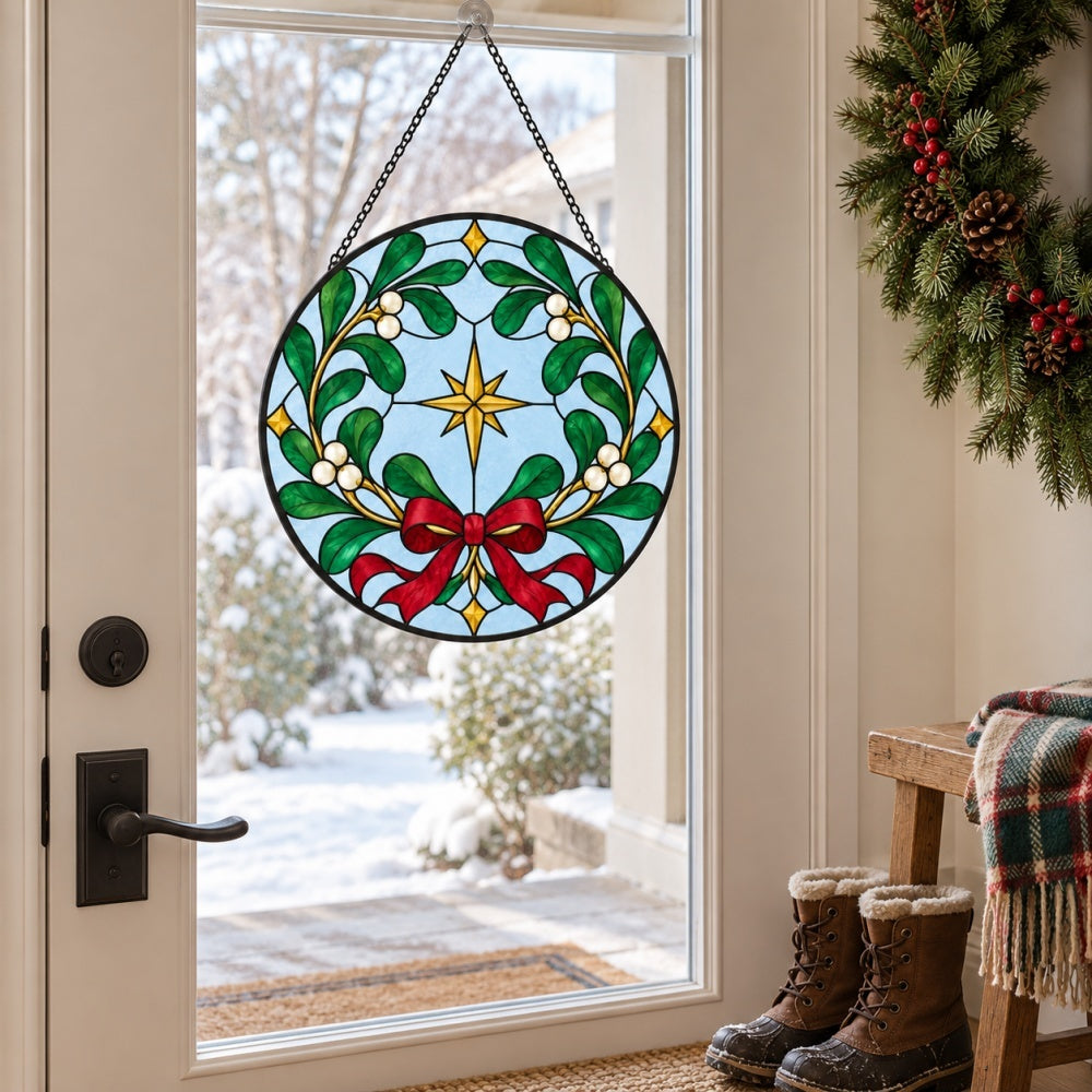 Mistletoe wreath stained glass suncatcher window hanging, suitable for home and garden decoration