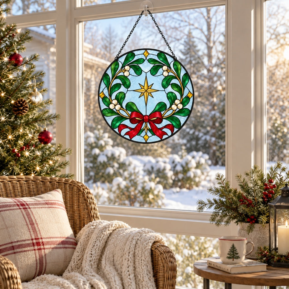 Mistletoe wreath stained glass suncatcher window hanging, suitable for home and garden decoration