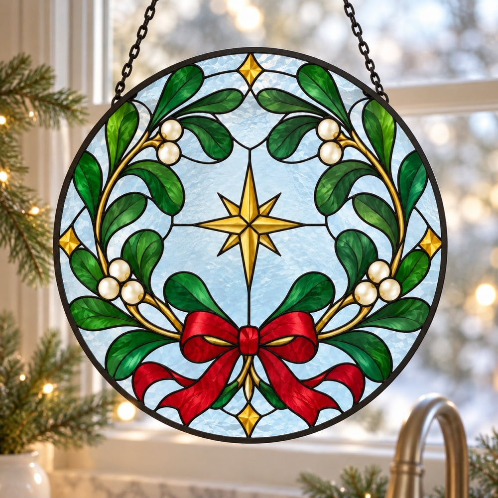 Mistletoe wreath stained glass suncatcher window hanging, suitable for home and garden decoration