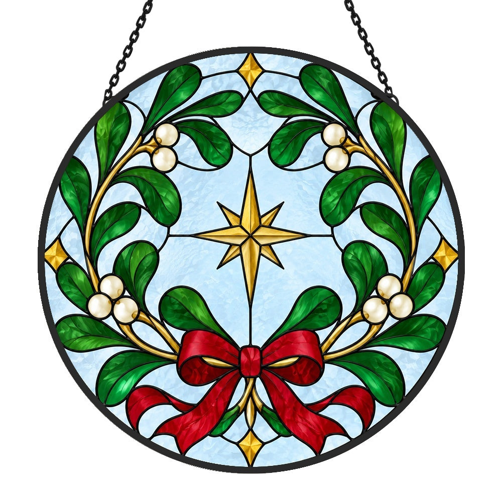 Mistletoe wreath stained glass suncatcher window hanging, suitable for home and garden decoration