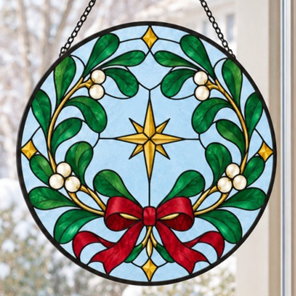 Mistletoe wreath stained glass suncatcher window hanging, suitable for home and garden decoration