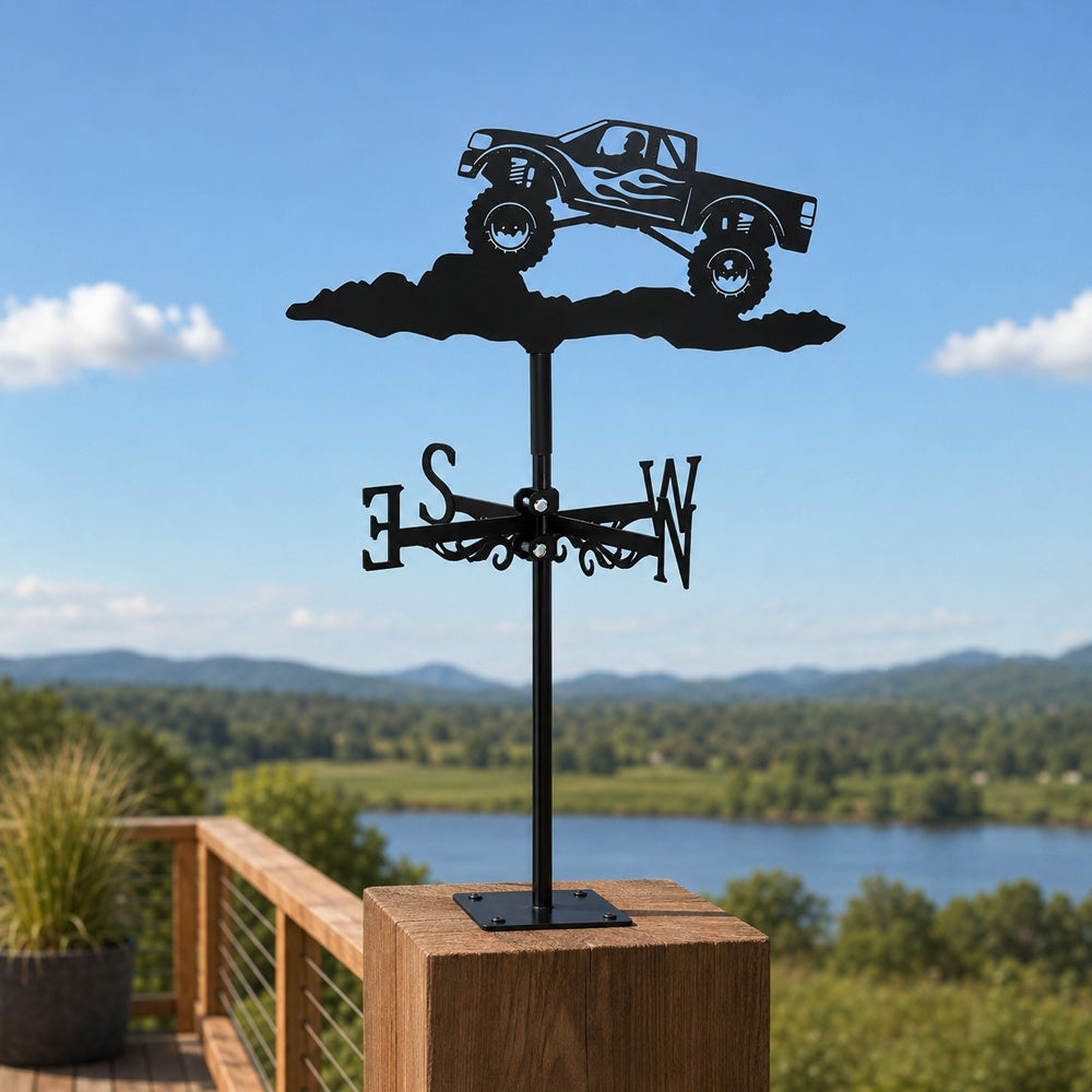 Monster truck metal weather vane with directional arrows and mounting rod, outdoor roof and garden decoration