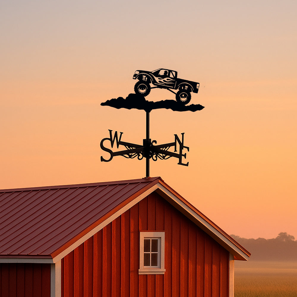 Monster truck metal weather vane with directional arrows and mounting rod, outdoor roof and garden decoration