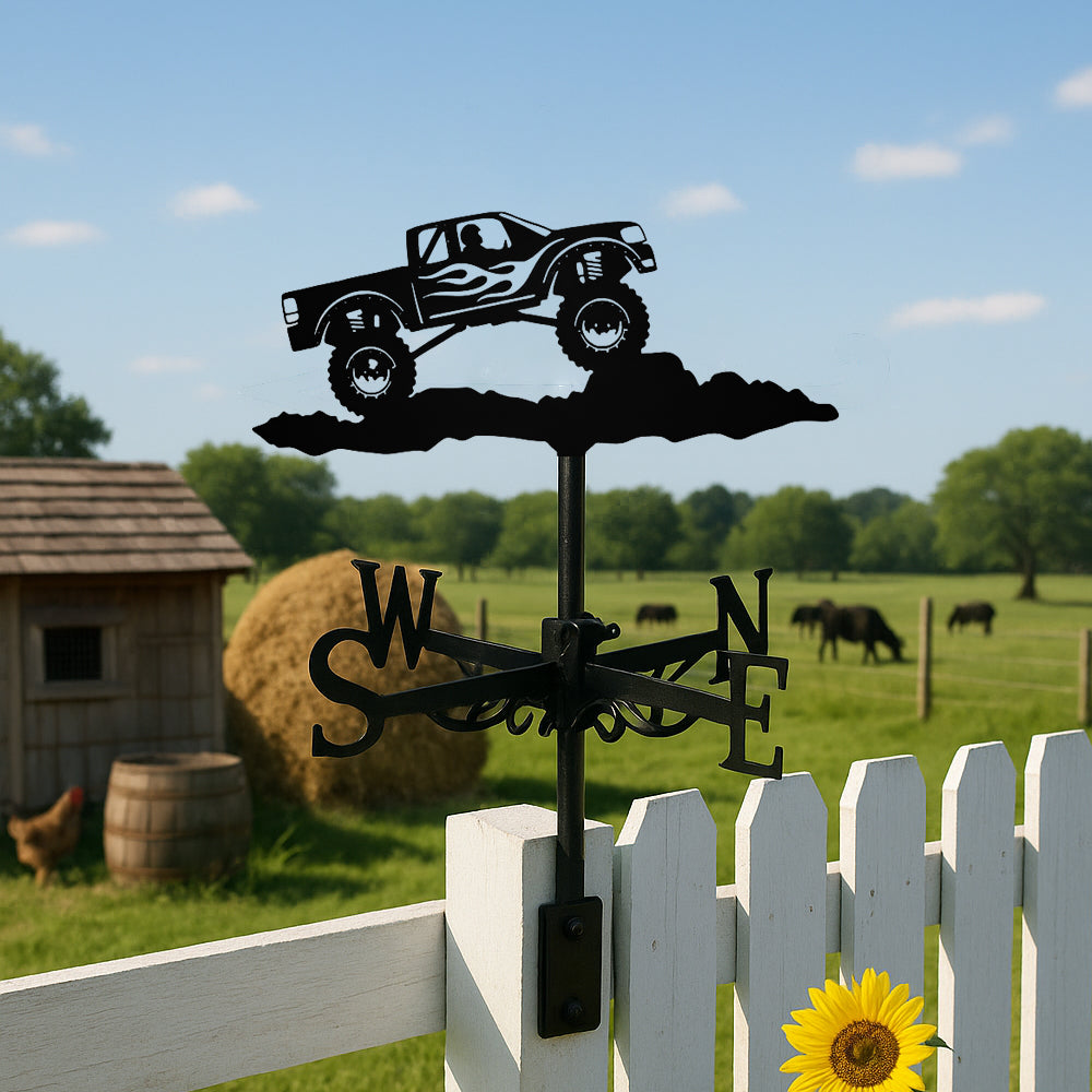 Monster truck metal weather vane with directional arrows and mounting rod, outdoor roof and garden decoration