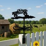 Monster truck metal weather vane with directional arrows and mounting rod, outdoor roof and garden decoration