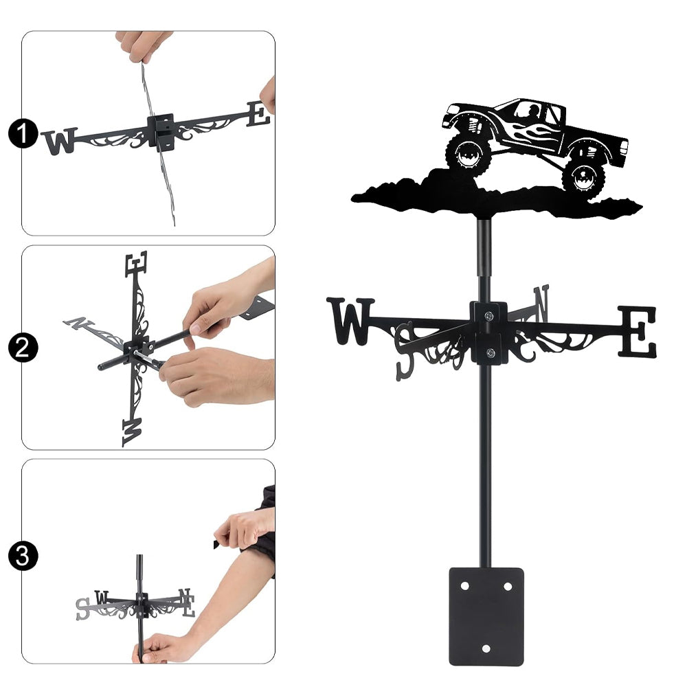 Monster truck metal weather vane with directional arrows and mounting rod, outdoor roof and garden decoration