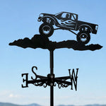 Monster truck metal weather vane with directional arrows and mounting rod, outdoor roof and garden decoration