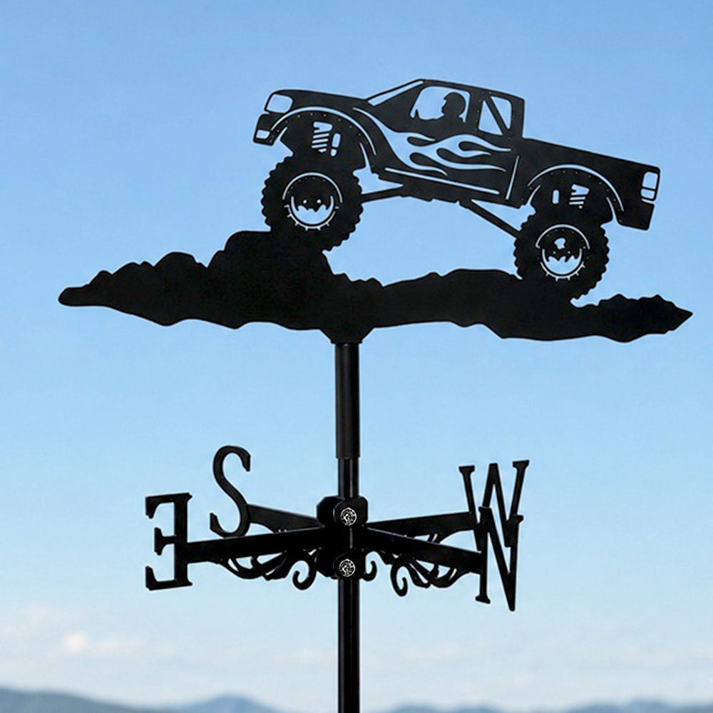 Monster truck metal weather vane with directional arrows and mounting rod, outdoor roof and garden decoration