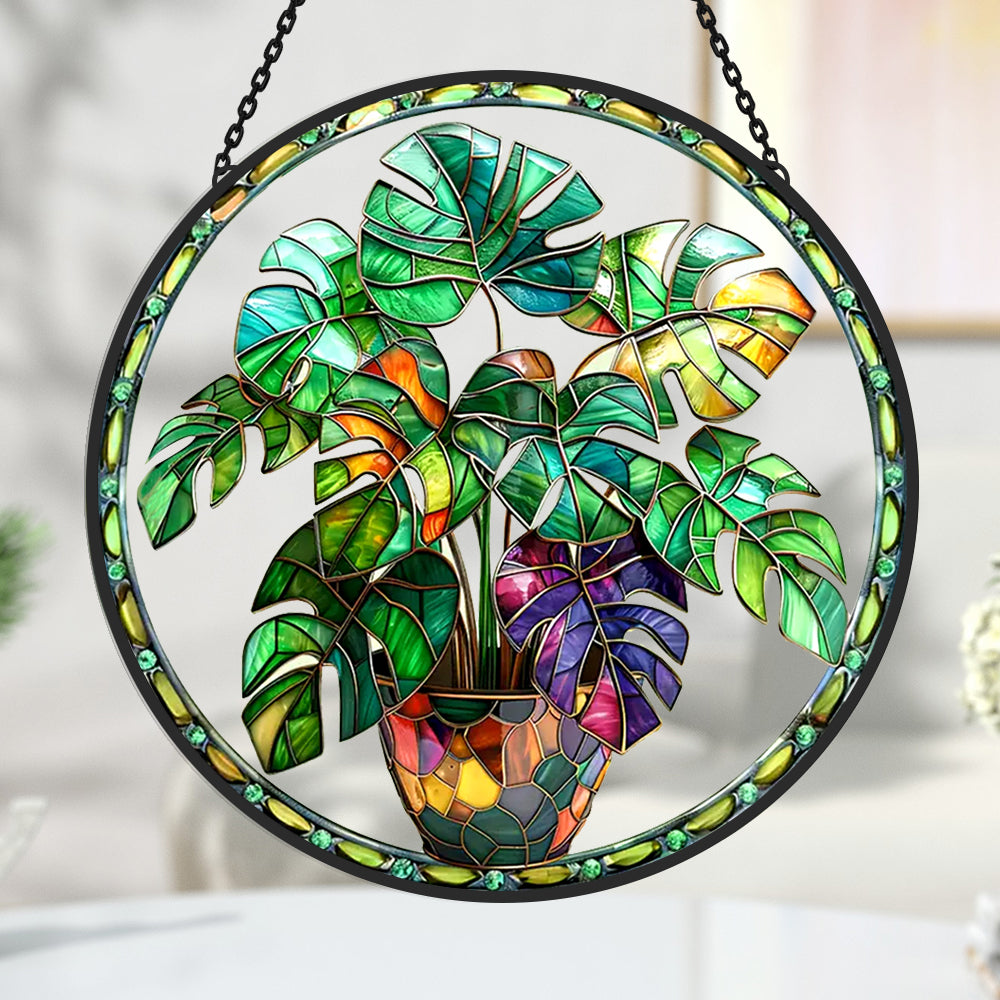 Monstera plant potted stained glass suncatcher window hanging, suitable for home and garden decoration