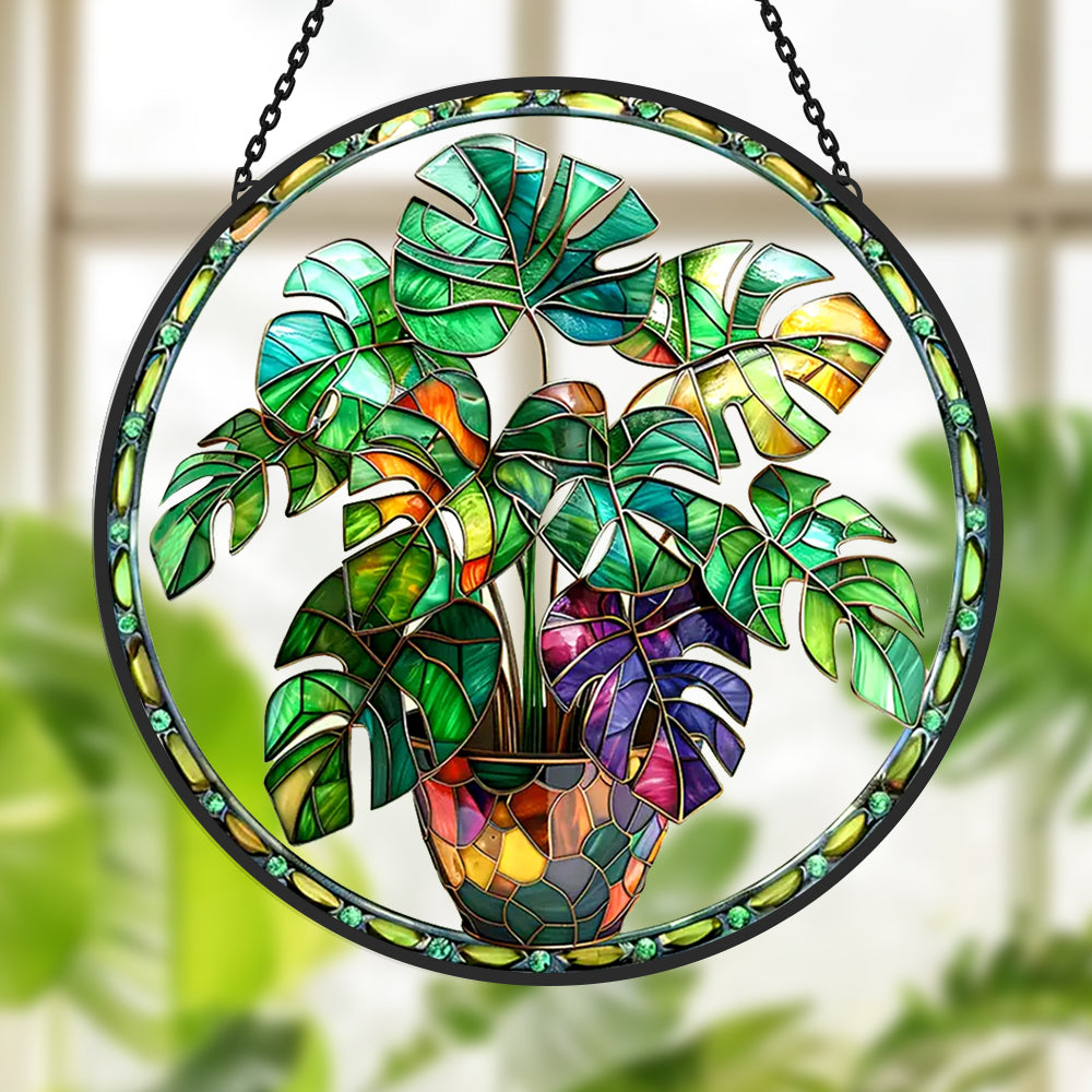 Monstera plant potted stained glass suncatcher window hanging, suitable for home and garden decoration