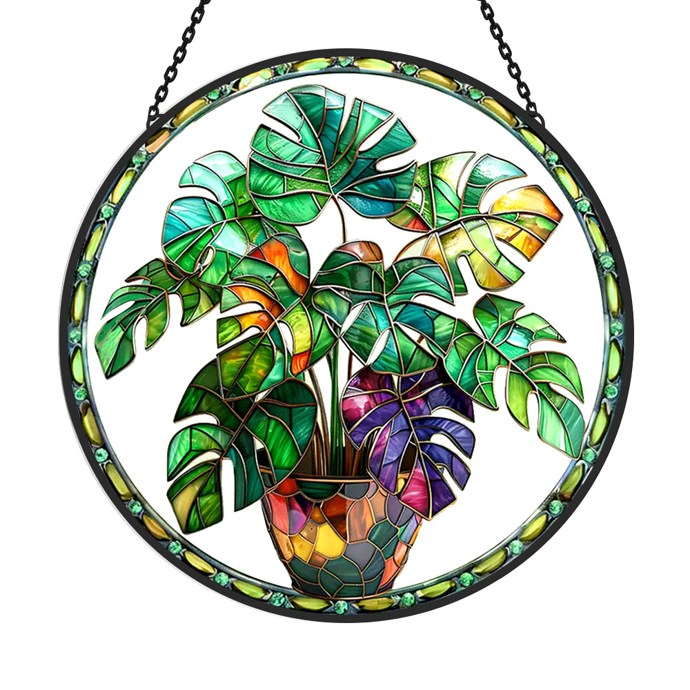 Monstera plant potted stained glass suncatcher window hanging, suitable for home and garden decoration