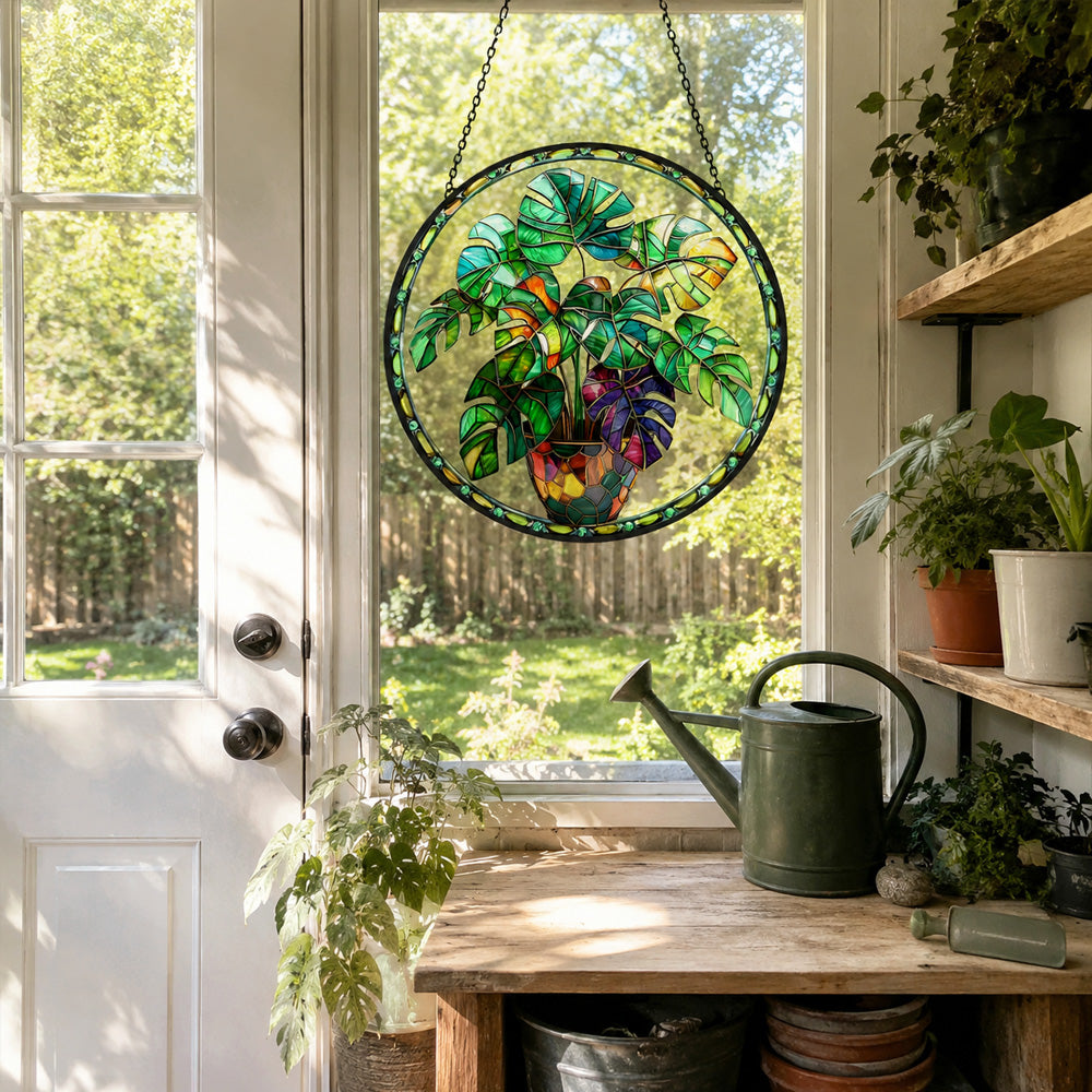Monstera plant potted stained glass suncatcher window hanging, suitable for home and garden decoration