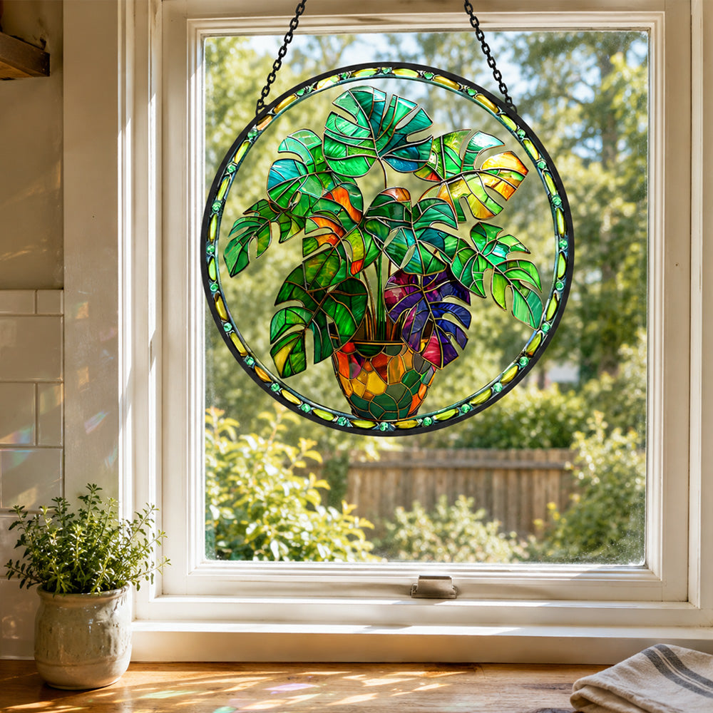 Monstera plant potted stained glass suncatcher window hanging, suitable for home and garden decoration
