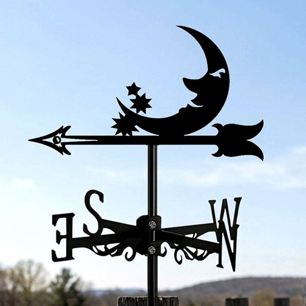 Moon with stars metal weather vane with directional arrows and mounting rod, outdoor roof and garden decoration