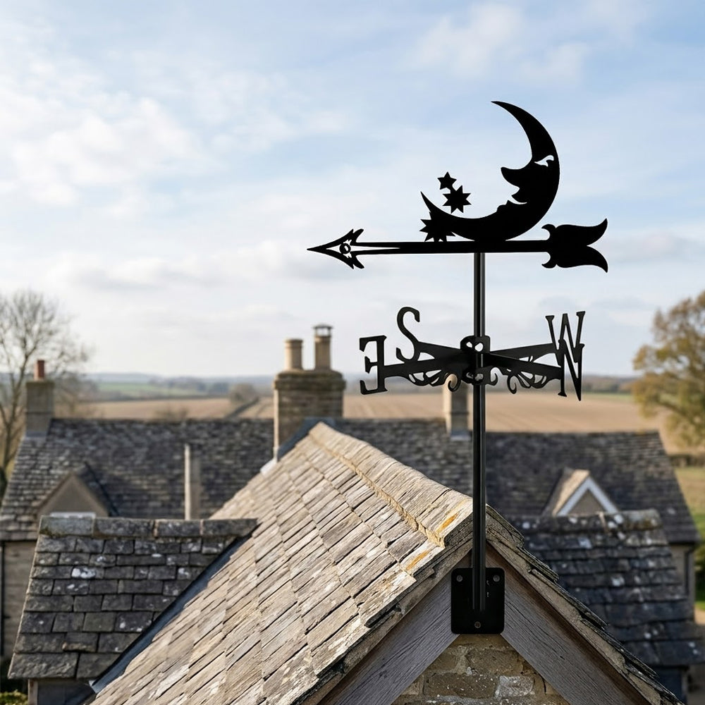 Moon with stars metal weather vane with directional arrows and mounting rod, outdoor roof and garden decoration