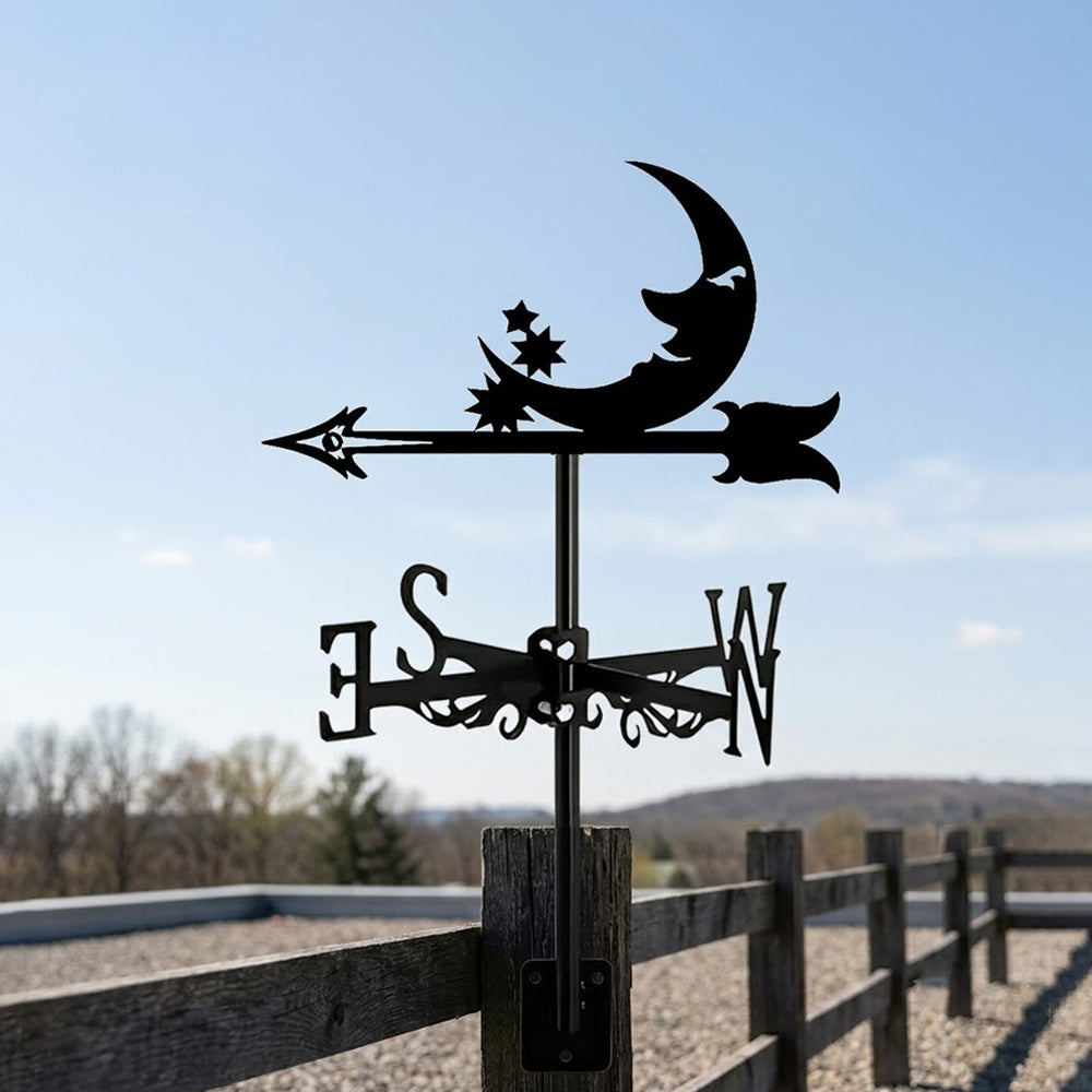 Moon with stars metal weather vane with directional arrows and mounting rod, outdoor roof and garden decoration